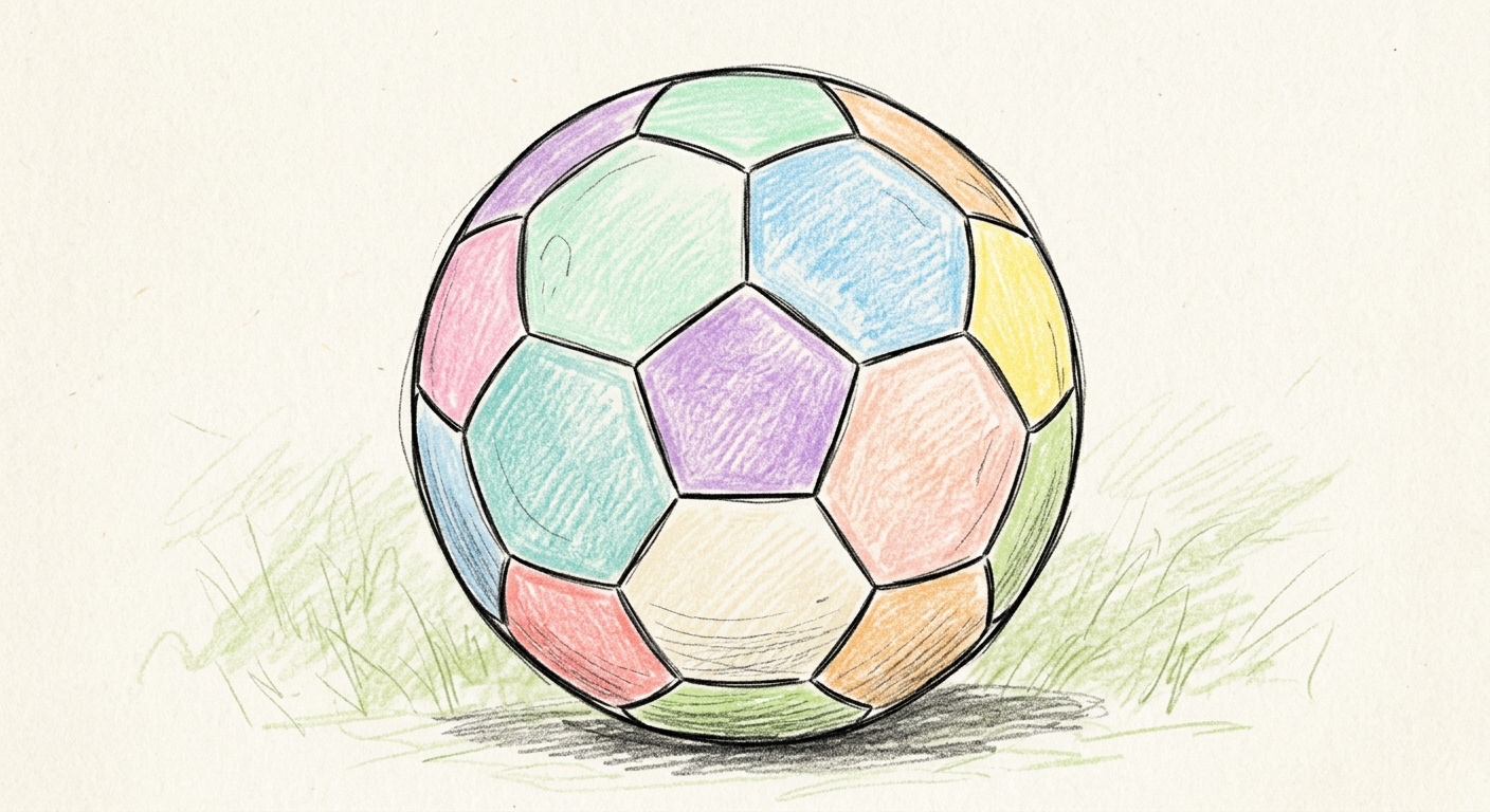 A hand-drawn colored-pencil sketch of a single multicolored soccer ball resting in grass.
