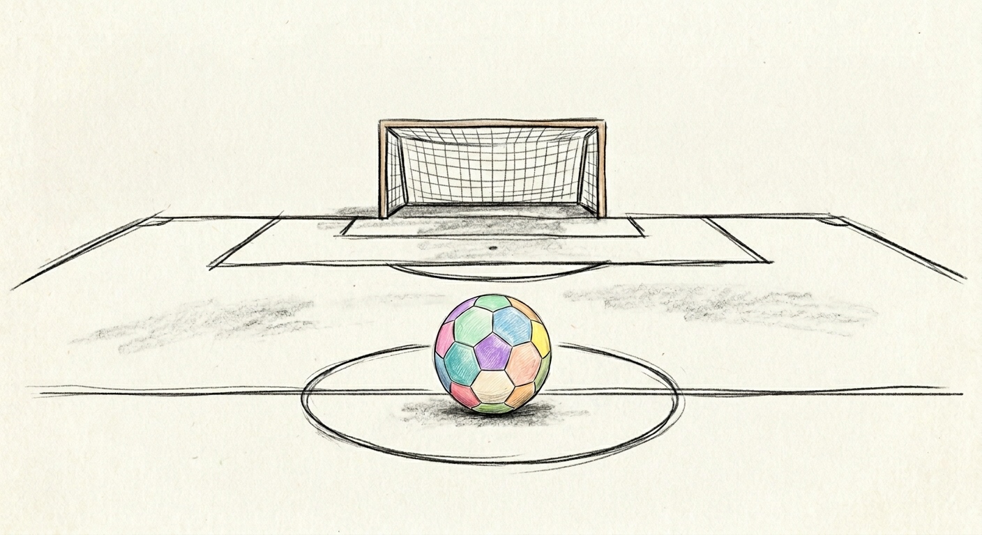 A hand-drawn colored-pencil sketch of a soccer ball at the center of a pitch, with a goal in the background.